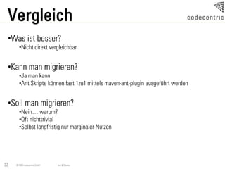 Vergleich
 •Was ist besser?
       •Nicht direkt vergleichbar


 •Kann man migrieren?
       •Ja man kann
       •Ant Skripte können fast 1zu1 mittels maven-ant-plugin ausgeführt werden


 •Soll man migrieren?
       •Nein… warum?
       •Oft nichttrivial
       •Selbst langfristig nur marginaler Nutzen




32   © 2009 codecentric GmbH   Ant & Maven
 