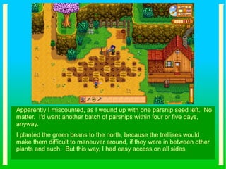 Apparently I miscounted, as I wound up with one parsnip seed left. No
matter. I'd want another batch of parsnips within four or five days,
anyway.
I planted the green beans to the north, because the trellises would
make them difficult to maneuver around, if they were in between other
plants and such. But this way, I had easy access on all sides.
 