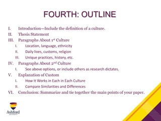 FOURTH: OUTLINE
I. Introduction—Include the definition of a culture.
II. Thesis Statement
III. Paragraphs About 1st Cultur...
