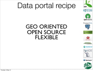 Data portal recipe

                       GEO ORIENTED
                       OPEN SOURCE
                         FLEXIBLE




Thursday 10 May 12
 