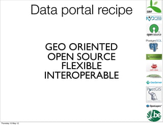 Data portal recipe

                       GEO ORIENTED
                        OPEN SOURCE
                          FLEXIBLE
                       INTEROPERABLE



Thursday 10 May 12
 