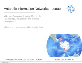 Antarctic Information Networks - scope

      • Born as Census of Antarctic Marine Life
        as the data, visualization and analysis
        component

      • Free and open access to biodiversity data




          Funding: BELSPO, SLOAN, DFG, AWI, SCAR, AAD, NWO   David B, Danis B, Grifﬁths HJ
Thursday 10 May 12
 