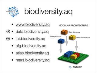 biodiversity.aq
 Nodes)Investment)in)new)func@onality)
                         NPT)can)be)extended)by)crea@ng)an
                                       Promote)the)communit
                         Nodes)Investment)in)new)func@ona
• •  www.biodiversity.aq           installing)Modules)
                                     MODULAR development)of)N
     Nodes)extend)the)plaGorm)with)new)modules)
                                             ARCHITECTURE
                     •  Nodes)extend)the)plaGorm)with)new)mod
                                •  GBIF)promotes)training)and)us
•   data.biodiversity.aq                  Data discovery

                                   Data products
                               A)module)we)all)need)
• ipt.biodiversity.aq
            A)module)I)need)
                                                                 Data visualization

                                                                 A)module)we)all)need)
                                            A)module)I)need)
• afg.biodiversity.aq
• atlas.biodiversity.aq
• mars.biodiversity.aq
                                                               ANTABIF
 