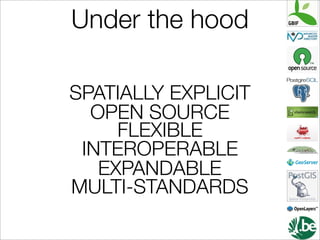 Under the hood

SPATIALLY EXPLICIT
  OPEN SOURCE
     FLEXIBLE
 INTEROPERABLE
   EXPANDABLE
MULTI-STANDARDS
 