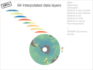 Slope
94 Interpolated data layers   Bathymetry
                              Chlorophyll
                              Distance to the continent
                              Distance to bird colonies
                              Distance to ice
                              Distance to shelf
                              Distance to canyon
                              Floor temperature
                              ...
                              +
                              ANTABIF Occurrence
                              records
 