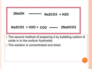  The second method of preparing it by bubbling carbon di
oxide in to the sodium hydroxide.
 The solution is concentrated and dried.
 
