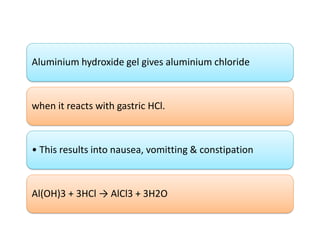 Aluminium hydroxide gel gives aluminium chloride
when it reacts with gastric HCl.
• This results into nausea, vomitting & constipation
Al(OH)3 + 3HCl → AlCl3 + 3H2O
 