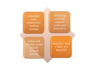 Na2CO3 + CO2
+ H2O → 2
NaHCO3
• Another
main
preparation
method
involves
dissolving
soda ash
(sodium
carbonate
mineral) in
water and
passing carbon
dioxide
through
solution
 