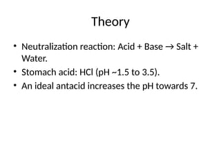 Theory
• Neutralization reaction: Acid + Base → Salt +
Water.
• Stomach acid: HCl (pH ~1.5 to 3.5).
• An ideal antacid increases the pH towards 7.
 