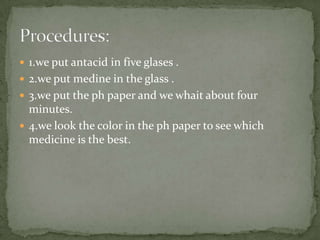  1.we put antacid in five glases .
 2.we put medine in the glass .
 3.we put the ph paper and we whait about four
  minutes.
 4.we look the color in the ph paper to see which
  medicine is the best.
 
