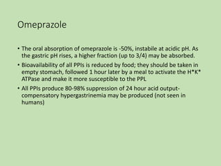 Omeprazole
• The oral absorption of omeprazole is -50%, instabile at acidic pH. As
the gastric pH rises, a higher fraction (up to 3/4) may be absorbed.
• Bioavailability of all PPIs is reduced by food; they should be taken in
empty stomach, followed 1 hour later by a meal to activate the H*K*
ATPase and make it more susceptible to the PPL
• All PPIs produce 80-98% suppression of 24 hour acid output-
compensatory hypergastrinemia may be produced (not seen in
humans)
 