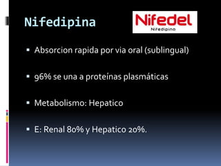 Nifedipina 
 Absorcion rapida por via oral (sublingual) 
 96% se una a proteínas plasmáticas 
 Metabolismo: Hepatico 
 E: Renal 80% y Hepatico 20%. 
 