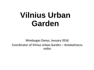 Vilnius Urban
Garden
Mindaugas Danys, January
2016
Coordinator of Vilnius Urban
Garden – Antakalnieciu darzas
 