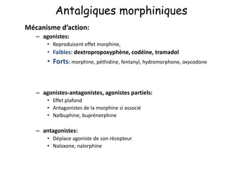 Antalgiques morphiniques
Mécanisme d’action:
– agonistes:
• Reproduisent effet morphine,
• Faibles: dextropropoxyphène, codéine, tramadol
• Forts: morphine, péthidine, fentanyl, hydromorphone, oxycodone
– agonistes-antagonistes, agonistes partiels:
• Effet plafond
• Antagonistes de la morphine si associé
• Nalbuphine, buprénorphine
– antagonistes:
• Déplace agoniste de son récepteur
• Naloxone, nalorphine
 