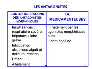 47
LES ANTAGONISTES
CONTRE INDICATIONS
DES ANTAGONISTES
MORPHINIQUES
I.A.
MEDICAMENTEUSES
 Insuffisances :
respiratoire sévère,
hépatocellulaire
grave.
 Intoxication
alcoolique aiguë et
delirium tremens.
 Enfant
 Allaitement
Traitement par les
agonistes morphiniques
purs.
Idem codéine
47
 