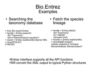 Bio.Entrez Examples <ul><li>Searching the taxonomy database </li></ul><ul><li>Fetch the species lineage </li></ul>> from B...