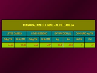 GrAg/TM GrAu/TM GrAg/TM GrAu/TM Ag Au NaCN Cal
37.03 31.28 3.90 0.97 89.5 96.9 1.1 3.1
CIANURACION DEL MINERAL DE CABEZA
LEYES CABEZA LEYES RESIDUO EXTRACCION (%) CONSUMO Kg/TM
 