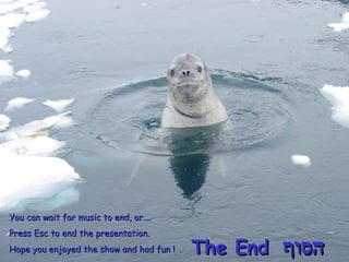 You can wait for music to end, or….  Press Esc to end the presentation. Hope you enjoyed the show and had fun ! The End   הסוף 