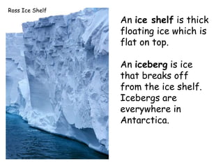 An ice shelf is thick
floating ice which is
flat on top.
An iceberg is ice
that breaks off
from the ice shelf.
Icebergs are
everywhere in
Antarctica.
Ross Ice Shelf
 