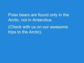 Polar bears are found only in the
Arctic, not in Antarctica.
(Check with us on our awesome
trips to the Arctic).
 