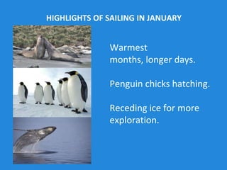 • Warmest
months, longer days.
• Penguin chicks hatching.
• Receding ice for more
exploration.
HIGHLIGHTS OF SAILING IN JANUARY
 