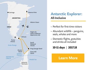 Antarctic Explorer:
All-Inclusive
• Perfect for first-time visitors
• Abundant wildlife – penguins, 	
seals, whales and more
• Domestic flights, gratuities 			
and drinks all included
Learn More
10-11 days | 2017.18
 