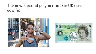 The new 5 pound polymer note in UK uses
cow fat
 