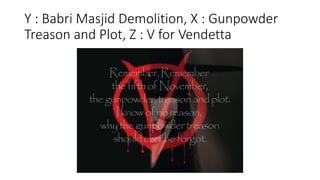 Y : Babri Masjid Demolition, X : Gunpowder
Treason and Plot, Z : V for Vendetta
 