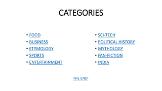 CATEGORIES
• FOOD
• BUSINESS
• ETYMOLOGY
• SPORTS
• ENTERTAINMENT
• SCI-TECH
• POLITICAL HISTORY
• MYTHOLOGY
• FAN-FICTION
• INDIA
THE END
 
