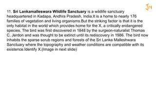 11. Sri Lankamalleswara Wildlife Sanctuary is a wildlife sanctuary
headquartered in Kadapa, Andhra Pradesh, India.It is a home to nearly 176
families of vegetation and living organisms.But the striking factor is that it is the
only habitat in the world which provides home for the X, a critically endangered
species. The bird was first discovered in 1848 by the surgeon-naturalist Thomas
C. Jerdon and was thought to be extinct until its rediscovery in 1986. The bird now
inhabits the sparse scrub regions and forests of the Sri Lanka Malleshwara
Sanctuary where the topography and weather conditions are compatible with its
existence.Identify X.(Image in next slide)
 