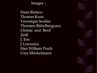 Images  : Hans Rieteco Thomas Kunz Veronique Soulier Thorsten Bübelbergusex Christa  and  Berd Zeitl J. Ens J Lowrence Han Wilhem Prech Uwe Möokelmann 