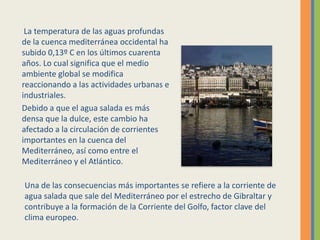 La temperatura de las aguas profundas
de la cuenca mediterránea occidental ha
subido 0,13º C en los últimos cuarenta
años. Lo cual significa que el medio
ambiente global se modifica
reaccionando a las actividades urbanas e
industriales.
Debido a que el agua salada es más
densa que la dulce, este cambio ha
afectado a la circulación de corrientes
importantes en la cuenca del
Mediterráneo, así como entre el
Mediterráneo y el Atlántico.
Una de las consecuencias más importantes se refiere a la corriente de
agua salada que sale del Mediterráneo por el estrecho de Gibraltar y
contribuye a la formación de la Corriente del Golfo, factor clave del
clima europeo.
 