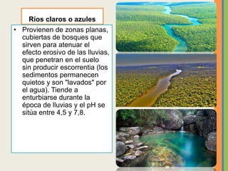 Ríos claros o azules
• Provienen de zonas planas,
cubiertas de bosques que
sirven para atenuar el
efecto erosivo de las lluvias,
que penetran en el suelo
sin producir escorrentia (los
sedimentos permanecen
quietos y son "lavados" por
el agua). Tiende a
enturbiarse durante la
época de lluvias y el pH se
sitúa entre 4,5 y 7,8.
 