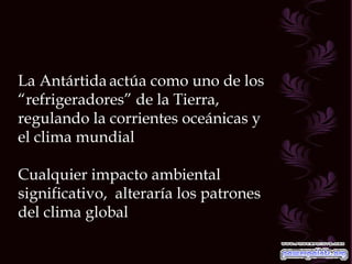 La Antártida   actúa como uno de los “ refrigeradores” de la Tierra, regulando la corrientes oceánicas y el clima mundial Cualquier impacto ambiental significativo,  alteraría los patrones del clima global 