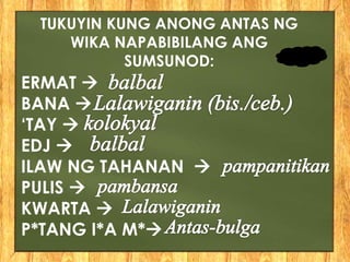 TUKUYIN KUNG ANONG ANTAS NG
WIKA NAPABIBILANG ANG
SUMSUNOD:
ERMAT 
BANA 
‘TAY 
EDJ 
ILAW NG TAHANAN 
PULIS 
KWARTA 
P*TANG I*A M*
 