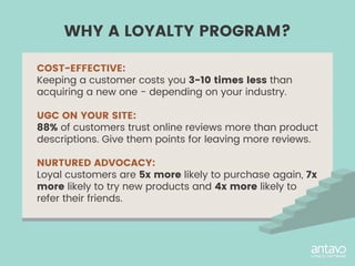 COST-EFFECTIVE:
Keeping a customer costs you 3-10 times less than
acquiring a new one - depending on your industry.
UGC ON YOUR SITE:
88% of customers trust online reviews more than product
descriptions. Give them points for leaving more reviews.
NURTURED ADVOCACY:
Loyal customers are 5x more likely to purchase again, 7x
more likely to try new products and 4x more likely to
refer their friends.
WHY A LOYALTY PROGRAM?
 