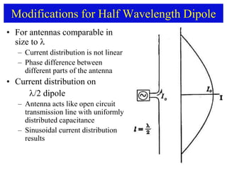 Modifications for Half Wavelength Dipole
• For antennas comparable in
size to 
– Current distribution is not linear
– Phase difference between
different parts of the antenna
• Current distribution on
/2 dipole
– Antenna acts like open circuit
transmission line with uniformly
distributed capacitance
– Sinusoidal current distribution
results
 