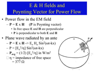 E & H fields and
Poynting Vector for Power Flow
• Power flow in the EM field
– P = E x H (P is Poynting vector)
• In free space E and H are perpendicular
• P is perpendicular to both E and H
• Plane wave radiated by an antenna
– P = E x H -> Eo Ho Sin2(t-kx)
– P = [Eo
2/] Sin2(t-kx)
– Pavg = (1/2) [Eo
2/] in W/m2
  = impedance of free space
= 377 
 