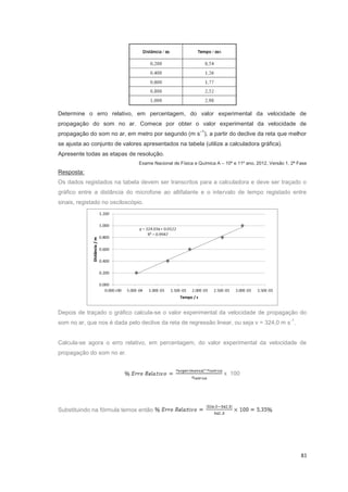 83
Determine o erro relativo, em percentagem, do valor experimental da velocidade de
propagação do som no ar. Comece por obter o valor experimental da velocidade de
propagação do som no ar, em metro por segundo (m s
–1
), a partir do declive da reta que melhor
se ajusta ao conjunto de valores apresentados na tabela (utilize a calculadora gráfica).
Apresente todas as etapas de resolução.
Exame Nacional de Física e Química A – 10º e 11º ano, 2012, Versão 1, 2ª Fase
Resposta:
Os dados registados na tabela devem ser transcritos para a calculadora e deve ser traçado o
gráfico entre a distância do microfone ao altifalante e o intervalo de tempo registado entre
sinais, registado no osciloscópio.
Depois de traçado o gráfico calcula-se o valor experimental da velocidade de propagação do
som no ar, que nos é dada pelo declive da reta de regressão linear, ou seja v = 324,0 m s
-1
.
Calcula-se agora o erro relativo, em percentagem, do valor experimental da velocidade de
propagação do som no ar.
x 100
Substituindo na fórmula temos então
 