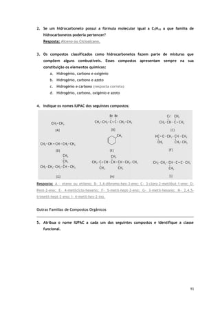 93
2. Se um hidrocarboneto possui a fórmula molecular igual a C5H10 a que família de
hidrocarbonetos poderia pertencer?
Resposta: Alceno ou Cicloalcano.
3. Os compostos classificados como hidrocarbonetos fazem parte de misturas que
compõem alguns combustíveis. Esses compostos apresentam sempre na sua
constituição os elementos químicos:
a. Hidrogénio, carbono e oxigénio
b. Hidrogénio, carbono e azoto
c. Hidrogénio e carbono (resposta correta)
d. Hidrogénio, carbono, oxigénio e azoto
4. Indique os nomes IUPAC dos seguintes compostos:
Resposta: A – eteno ou etileno; B- 3,4-dibromo-hex-3-eno; C- 3-cloro-2-metilbut-1-eno; D-
Pent-2-eno; E- 4-metilciclo-hexeno; F- 5-metil-hept-2-eno; G- 3-metil-hexano; H- 2,4,5-
trimetil-hept-2-eno; I- 4-metil-hex-2-ino.
Outras Famílias de Compostos Orgânicos
5. Atribua o nome IUPAC a cada um dos seguintes compostos e identifique a classe
funcional.
 