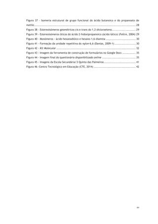 xv
Figura 37 - Isomeria estrutural de grupo funcional do ácido butanoico e do propanoato de
metilo .......................................................................................................... 28
Figura 38 - Estereoisómeros geométricos cis e trans do 1,2-dicloroeteno......................... 29
Figura 39 - Estereoisómeros óticos do ácido 2-hidoxipropanoico (ácido lático) (Feltre, 2004) 29
Figura 40 – Monómeros - ácido hexanodióico e hexano-1,6-diamina ............................... 30
Figura 41 - Formação da unidade repetitiva do nylon-6,6 (Dantas, 2009-1) ...................... 30
Figura 42 - Kit Molecular ................................................................................... 32
Figura 43 - Imagem da ferramenta de construção de formulários no Google Docs .............. 35
Figura 44 - Imagem final do questionário disponibilizado online ................................... 35
Figura 45 - Imagens da Escola Secundária/3 Quinta das Palmeiras ................................. 41
Figura 46 -Centro Tecnológico em Educação (CTE, 2014) ............................................ 42
 