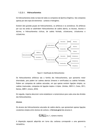 9
1.2.2.1. Hidrocarbonetos
Os hidrocarbonetos estão na base de todos os compostos da Química Orgânica. São compostos
apenas por dois tipos de elementos – carbono e hidrogénio.
Existem dois grandes grupos de hidrocarbonetos, os alifáticos e os aromáticos. Os alifáticos
por sua vez ainda se subdividem hidrocarbonetos de cadeia aberta, os Alcanos, Alcenos e
Alcinos, e hidrocarbonetos cíclicos, de cadeia fechada, cicloalcanos, cicloalcenos e
cicloalcinos.
Figura 5 - Classificação dos Hidrocarbonetos
Os hidrocarbonetos alifáticos são a família dos hidrocarbonetos, que apresenta maior
diversidade, pois podem ter cadeias abertas (lineares e ramificadas) ou cadeias fechadas.
Podem ser compostas de cadeias saturadas, em que apenas existem ligações simples, ou
cadeias insaturadas, compostas de ligações duplas e triplas. (Simões, 20013-1; Costa, 2011;
Dantas, 2009-1; Amaro, 2010)
Em seguida, importa descrever como estabelecer a nomenclatura para cada umas das divisões
dos hidrocarbonetos.
Alcanos
Os alcanos são hidrocarbonetos saturados de cadeia aberta, que apresentam apenas ligações
covalentes simples entre átomos de carbono. A fórmula geral dos alcanos é:
Cn H2n+2 (n≥ 1, número inteiro)
A disposição espacial adquirida em torno dos carbonos corresponde a uma geometria
tetraédrica.
 