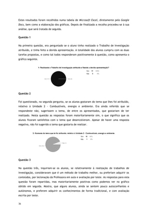 36
Estes resultados foram recolhidos numa tabela de Microsoft Excel, diretamente pelo Google
Docs, bem como a elaboração dos gráficos. Depois de finalizada a recolha procedeu-se à sua
análise, que será tratada de seguida.
Questão 1
Na primeira questão, era perguntado se o aluno tinha realizado o Trabalho de Investigação
atribuído, e tinha feito a devida apresentação. A totalidade dos alunos cumpriu com as duas
tarefas propostas, e como tal todos responderam positivamente à questão, como apresenta o
gráfico seguinte.
Questão 2
Foi questionado, na segunda pergunta, se os alunos gostaram do tema que lhes foi atribuído,
relativo à Unidade 2 - Combustíveis, energia e ambiente. Era ainda referido que se
respondeste não, sugerissem o tema, de entre os apresentados, que gostariam de ter
realizado. Nesta questão as respostas foram maioritariamente sim, o que significa que os
alunos ficaram satisfeitos com o tema que desenvolveram. Apesar de haver uma resposta
negativa, não foi sugerido o tema que gostaria de realizar.
Questão 3
Na questão três, inquiriam-se os alunos, se relativamente à realização de trabalhos de
investigação, consideravam que é um método de trabalho melhor, ou preferiam adquirir os
conteúdos, por lecionação da Professora em aula e avaliação por teste. As respostas para esta
questão foram repartidas, mas maioritariamente positivas como podemos ver no gráfico
obtido em seguida. Mostra, que alguns alunos, ainda se sentem pouco autoconfiantes e
autónomos, e preferem adquirir os conhecimentos de forma tradicional, e com avaliação
escrita por teste.
 