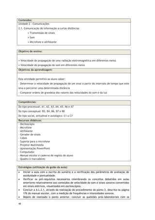 48
Conteúdos:
Unidade 2 - Comunicações
2.1. Comunicação de informação a curtas distâncias
• Transmissão de sinais
• Som
• Microfone e altifalante
Objetivo de ensino:
• Velocidade de propagação de uma radiação eletromagnética em diferentes meios
• Velocidade de propagação do som em diferentes meios
Objetivos da aprendizagem:
Esta atividade permitirá ao aluno saber:
- Determinar a velocidade de propagação de um sinal a partir do intervalo de tempo que este
leva a percorrer uma determinada distância
- Comparar ordens de grandeza dos valores das velocidades do som e da luz
Competências:
Do tipo processual: A1, A2, A3, A4, A5, A6 e A7
Do tipo conceptual: B2, B4, B6, B7 e B8
Do tipo social, atitudinal e axiológico: C1 a C7
Recursos didáticos:
- Osciloscópio
- Microfone
- Altifalante
- Gerador de sinais
- Cabos
- Suporte para o microfone
- Projetor Multimédia
- Apresentação PowerPoint
- Computador
- Manual escolar e caderno de registo do aluno
- Quadro e marcadores
Estratégias (utilização do guião da aula):
 Iniciar a aula com a escrita do sumário e a verificação dos parâmetros de avaliação de
assiduidade e pontualidade.
 Verificar os pré-requisitos necessários relembrando os conceitos debatidos em aulas
anteriores relativamente aos conteúdos de velocidade do som e sinais sonoros convertidos
em sinais elétricos, visualizados em osciloscópios.
 Concluir a A.L.2.1, através da realização do procedimento do ponto 3, descrita na página
176 do manual escolar, com a medição de frequências e intensidades sonoras.
 Depois de realizado o ponto anterior, concluir as questões prós-laboratoriais com os
 