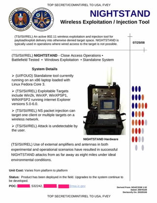 TOP SECRET//COMINT//REL TO USA. FVEY
stCU#/
NIGHTSTAND
Wireless Exploitation I Injection Tool
(TS//SI//REL) An active 802.11 wireless exploitation and injection tool for
payload/exploit delivery into otherwise denied target space. NIGHTSTAND is
typically used in operations where wired access to the target is not possible.
07/25/08
(TS//SI//REL) N IG H TS T A N D - Close Access Operations •
Battlefield Tested • Windows Exploitation • Standalone System
S yste m D e ta ils
> (U//FOUO) Standalone tool currently
running on an x86 laptop loaded with
Linux Fedora Core 3.
> (TS//SI//REL) Exploitable Targets
include Win2k, WinXP, WinXPSPl.
WINXPSP2 running internet Explorer
versions 5.0-6.0.
> (TS//SI//REL) NS packet injection can
target one client or multiple targets on a
wireless network.
> (TS//SI//REL) Attack is undetectable by
the user.
NIGHTSTAND Hardware
(TS//SI//REL) Use of external amplifiers and antennas in both
experimental and operational scenarios have resulted in successful
NIGHTSTAND attacks from as far away as eight miles under ideal
environmental conditions.
Unit Cost: Varies from platform to platform
Status: Product has been deployed in the field. Upgrades to the system continue to
be developed.
I
I
POC: I S32242. | 1 .1 pSnsa.ic.Qov
TOP SECRET//COMINT//REL TO USA. FVEY
O efived £com: NSA/CSSM 1-52
Dated: 20070108
O e c la *s .fy O i* 20320108
 