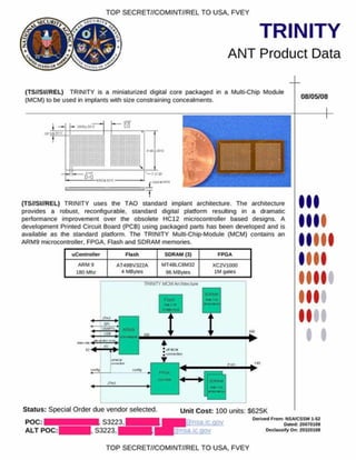 TOP SECRET//COMINT//REL TO USA. FVEY
ANT
TRINITY
Product Data
(TS//SI//REL) TRINITY is a miniaturized digital core packaged in a Multi-Chip Module
(MCM) to be used in implants with size constraining concealments.
08/05/08
uController Flash SDRAM (3) FPGA
ARM 9
180 Mh*
AT49BV322A
4 MBytes
MT48LC8M32
96 MBytes
XC2V1000
1M gates
TRINITY MCMArchAKlure
I
I
Status: Special Order due vendor selected.
POC:
ALT POC:
S3223.
. S3223,
Unit Cost: 100 units: S625K
Derived From : NSA/CSSM 1-52
Oaied: 20070108
D eclassify On: 20320108
(TS//SI//REL) TRINITY uses the TAO standard implant architecture. The architecture
provides a robust, reconligurable. standard digital platform resulting in a dramatic
performance improvement over the obsolete HC12 microcontroller based designs. A
development Printed Circuit Board (PCB) using packaged parts has been developed and is
available as the standard platform. The TRINITY Multi-Chip-Module (MCM) contains an
ARM9 microcontroller. FPGA. Flash and SDRAM memories.
TOP SECRET//COMINT//REL TO USA. FVEY
 