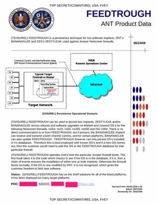 FEEDTROUGH
ANT Product Data
TOP SECRET//COMINT//REL USA. FVEY
(TS//SI//REL) FEEDTROUGH is a persistence technique lor two software implants. DNT's
BANANAGLEE and CES's ZESTYLEAK used against Juniper Netscreen firewalls.
06/24/08
(S//SI//REL) P ersistence O perational Scenario
(TS//SI//REL) FEEDTROUGH can be used to persist two implants. ZESTYLEAK and/or
BANANAGLEE across reboots and software upgrades on known and covered OS’s for the
following Netscreen firewalls. ns5xt, ns25, ns50. ns200. ns500 and ISG 1000. There is no
direct communication to or from FEEDTROUGH. but if present, the BANANAGLEE implant
can receive and transmit covert channel comms. and for certain platforms. BANANAGLEE
can also update FEEDTROUGH. FEEDTROUGH however can only persist OS’s included
in it's databases. Therefore this is best employed with known OS's and if a new OS comes
out. then the customer would need to add this OS to the FEEDTROUGH database for that
particular firewall.
(TS//SI//REL) FEEDTROUGH operates every time the particular Juniper firewall boots. The
first hook takes it to the code which checks to see if the OS is in the database, if it is. then a
chain of events ensures the installation of either one or both implants. Otherwise the firewall
boots normally. If the OS is one modified by DNT. it is not recognized, which gives the
customer freedom to field new software.
Status: (S//SI//REL) FEEDTROUGH has on the shelf solutions for all of the listed platforms.
It has been deployed on many target platforms
POC: S32222. , ic qov
I
I
Derived From: NSA/CSSM 1-52
Oafcd 20070108
Declassify On: 20320108
Command Control, andDataExfttraftonusing
OUTimplant CommuncaconsProtocol (typical)
NSA
Rem ote Operations Center
Typical Target
T arget N e tw o rk
TOP SECRET//COMINT//REL USA. FVEY
 