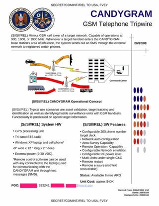 SECRET//COMINT//REL TO USA. FVEY
CANDYGRAM
GSM Telephone Tripwire
(S//SI//REL) Mimics GSM cell tower of a target network. Capable of operations at
900.1800. or 1900 MHz. Whenever a target handset enters the CANDYGRAM
base station's area of influence, the system sends out an SMS through the external
network to registered watch phones.
06/20/08
Com m and Canter
(S//SI//REL) CANDYGRAM Operational Concept
(S//SI//REL) Typical use scenarios are asset validation, target tracking and
identification as well as identifying hostile surveillance units with GSM handsets.
Functionality is predicated on aprion target information.
(S //S I//R E L) S y s te m HW
• GPS processing unit
• Tri-band BTS radio
• Windows XP laptop and cell phone*
•9" wide x 12 " long x 2 " deep
• External power (9-30 VDC).
•Remote control software can be used
with any connected to the laptop (used
for communicating with the
CANDYGRAM unit through text
messages (SMS).
POC: S32242,
(S //S I//R E L) SW F e a tu re s
• Configurable 200 phone number
target deck.
• Network auto-configuration
• Area Survey Capability
• Remote Operation Capability
• Configurable Network emulation
• Configurable RF power level
• Mutli-Units under single C&C
• Remote restart
• Remote erasure (not field
recoverable)
Status: Available 8 mos ARO
Unit Cost: approx $40K
consa.ic.gov
I
I
Derived fro m : NSA/CSSM 1-S2
Dated: 20070108
D eclassify On: 20320108
’SiCU#/
iMnsc*
SECRET//COMINT//REL TO USA. FVEY
 