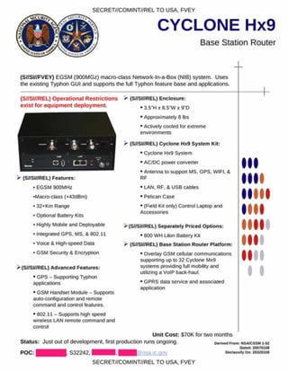 CYCLONE Hx9
Base Station Router
SECRET//COMINT//REL TO USA. FVEY
(S//SI//FVEY) EGSM (900MGz) macro-class Network-ln-a-Box (NIB) system. Uses
the existing Typhon GUI and supports the full Typhon feature base and applications.
(S//SI//REL) Operational Restrictions > (S//SI//REL) Enclosure:
exist for equipment deployment.
i
_ • -
*
□ 0 L U -
• 3.5*H x 8.5*W x 9'D
• Approximately 8 lbs
• Actively cooled for extreme
environments
> (S//SI//REL) Cyclone Hx9 System Kit:
• Cyclone Hx9 System
• AC/DC power converter
• Antenna to support MS. GPS. WIFI. &
RF
• LAN. RF. & USB cables
• Pelican Case
• (Field Kit only) Control Laptop and
Accessories
^ (S//SI//REL) Separately Priced Options:
• 800 WH Lilon Battery Kit
r (S//SI//REL) Base Station Router Platform:
• Overlay GSM cellular communications
supporting up to 32 Cyclone Mx9
systems providing full mobility and
utilizing a VoIP back-haul.
• GPRS data service and associated
application
I
I
> (S//SI//REL) Features:
• EGSM 900MHz
•Macro-class (+43dBm)
• 32+Km Range
• Optional Battery Kits
• Highly Mobile and Deployable
• Integrated GPS. MS. & 802.11
• Voice & High-speed Data
• GSM Security & Encryption
>(S//SI//REL) Advanced Features:
• GPS - Supporting Typhon
applications
• GSM Handset Module - Supports
auto-configuration and remote
command and control features.
• 802.11 - Supports high speed
wireless LAN remote command and
control
Unit Cost: S70K for two months
Status: Just out of development, first production runs ongoing. ftom: NSa/cssm i-h
Dated: 20070108
POC: S32242. I QOV Declassify Oft: 20320108
S32242. | j@ nsa.ic.q o v
SECRET//COMINT//REL TO USA. FVEY
 