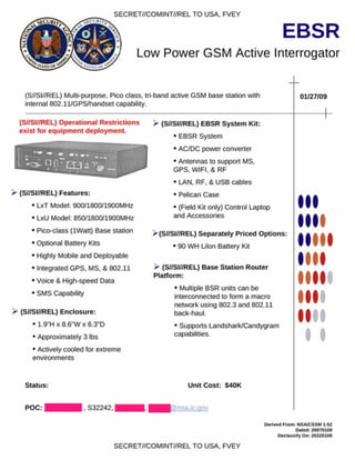 Low Power GSM Active
SECRET//COMINT//REL TO USA. FVEY
Interrogator
(S//SI//REL) Multi-purpose. Pico class, tri-band active GSM base station with
internal 802.11/GPS/handset capability.
01/27/09
(S//SI//REL) Operational Restrictions
exist for equipment deployment.
1
> (S//SI//REL) Features:
• LxT Model: 900/1800/1900MHZ
• LxU Model: 850/1800/1900MHZ
• Pico-class (lW att) Base station
• Optional Battery Kits
• Highly Mobile and Deployable
• Integrated GPS. MS. & 802.11
• Voice & High-speed Data
• SMS Capability
^ (S//SI//REL) Enclosure:
• 1.9"H x 8.6'W x 6.3’ D
• Approximately 3 lbs
• Actively cooled for extreme
environments
Status:
POC: . S32242.1
^ (S//SI//REL) EBSR System Kit:
• EBSR System
• AC/DC power converter
• Antennas to support MS.
GPS. WIFI. & RF
• LAN. RF. & USB cables
• Pelican Case
• (Field Kit only) Control Laptop
and Accessories
>(S//SI//REL) Separately Priced Options:
• 90 WH Lilon Battery Kit
> (S//SI//REL) Base Station Router
Platform:
• Multiple BSR units can be
interconnected to form a macro
network using 802.3 and 802.11
back-haul.
• Supports Landshark/Candygram
capabilities.
I
I
Unit Cost: S40K
Kflnsa ic.gov
O enved £com: NSA/CSSM 1-52
Dated: 20070108
D eclassify O n: 20320108
SECRET//COMINT//REL TO USA. FVEY
 